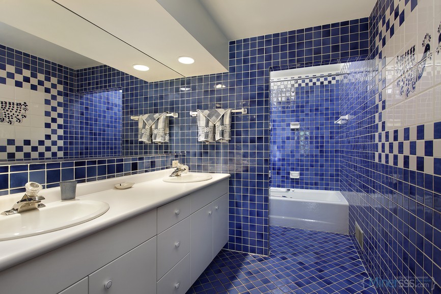 Bathroom in upscale home with blue tile